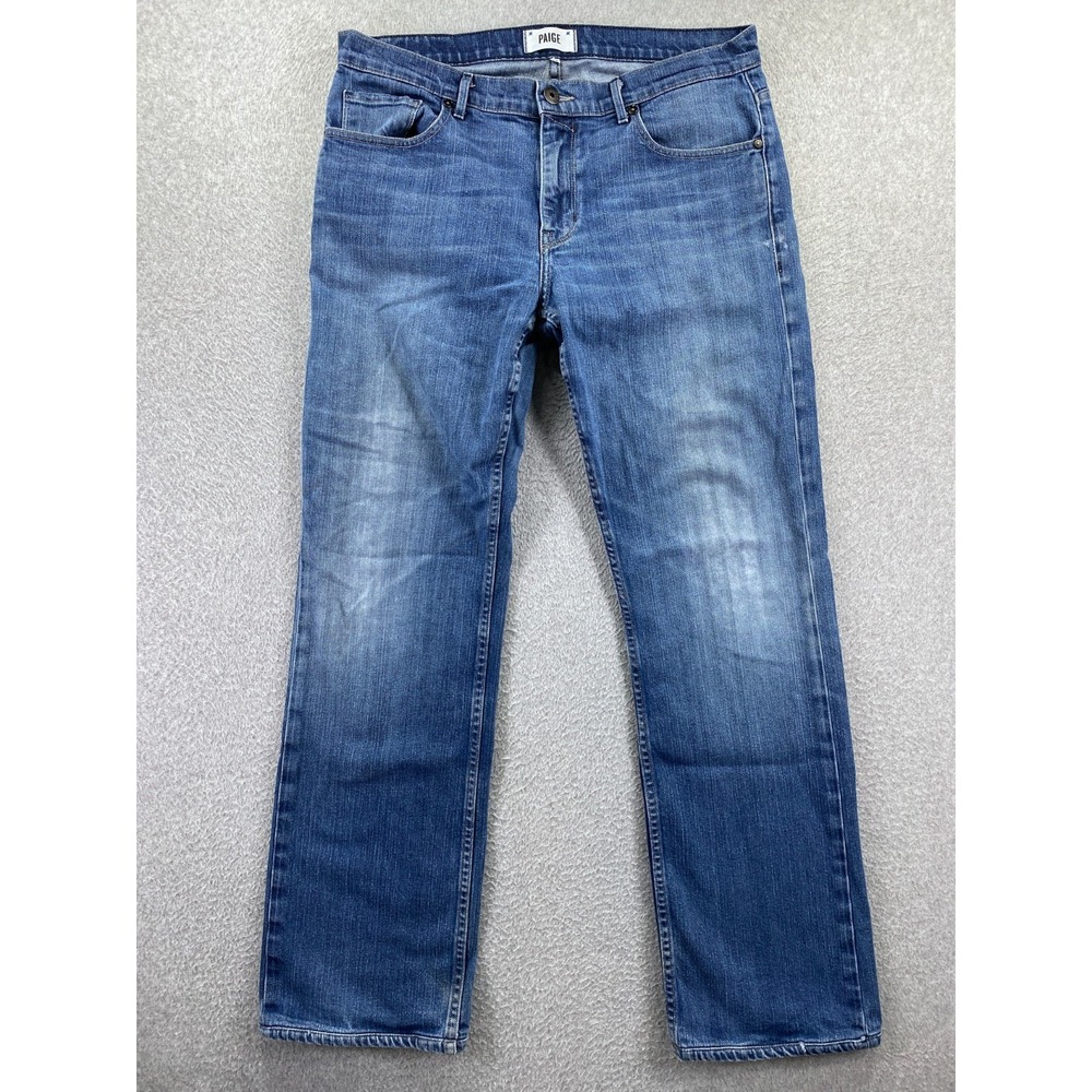 PAIGE Doheny Jeans Mens 34x31 Blue Straight Leg Distressed Medium Wash USA